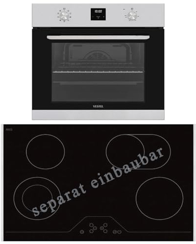 Vestel autarkes Einbauherd Set, Backofen mit Heißluft, Umluft, Pizzastufe, Grill, Display mit Uhr & Timer, 80 cm autarkes Glaskeramik-Kochfeld mit seitlichem Rahmen, Bräterzone, Zweikreiszone