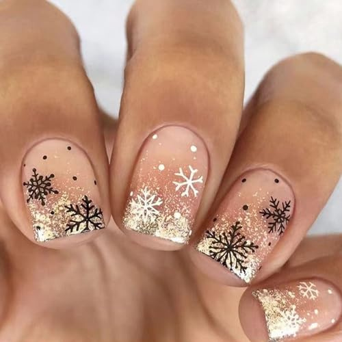 Viugex 24Pcs Noël Faux Ongles Court Carré, Rose French Press on Nails, Flocons de Neige Noirs et Blancs Ongles à Presser, Paillettes Acrylique Ongles à Coller pour Femmes Nail Décoration