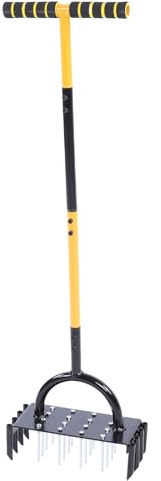 Luocute Aireador de Césped, Pincho de Metal para Extracción Manual de Suelo, Aireación de Césped con en T, 16 Picos, 8 Núcleos, Herramienta de Aireación de Suelo de Acero Al Carbono