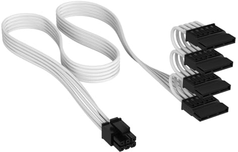 CORSAIR Elite Premium SATA-strömkabel med Individuellt Hölje (4 Kontakter) Type 4 – 750mm, Lågprofils Kabelkammar, Trippellager Mesh/Paracord-Design – Vit