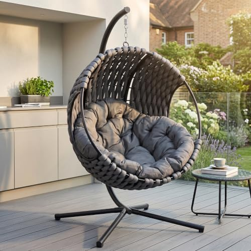 Blisswood Hanging Egg Chair Indoor & Outdoor, Swing Chair with Cushion & Stand, Foldable Hammock Chairs for Garden, Patio or Balcony, 150kg Weight Capacity (Dark Grey)