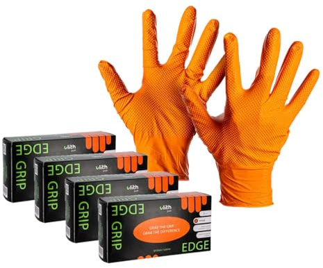 ARLI Edge Grip - Guanti usa e getta in nitrile, taglia M, colore arancione, 8,5 g, con struttura diamantata, senza polvere, per officina, montaggio industriale (200 pezzi)
