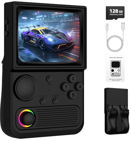 R36T Retro-Spielekonsole, Handheld-Spielekonsolen mit 128 GB 22000+ klassischen Spielen, EmuELEC-System & mehreren Emulatoren, 3,5 Zoll IPS CRT-Bildschirm, 3500 mAh Akku, mit tragbarer Hülle für