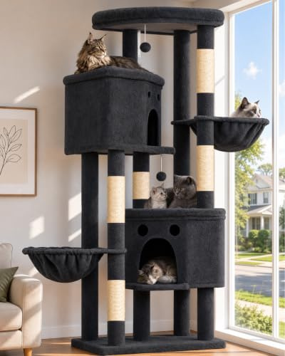 Kratzbaum Groß mit Mehrere Ebenen Kratzbaum Grosse Katzen Stabil | Kratzbaum XXL 213 cm hoch，Katzenbaum Grau mit 5 Kratzsäulen, 6 Plüschbälle, Plattformen, Höhlen, Hängematte
