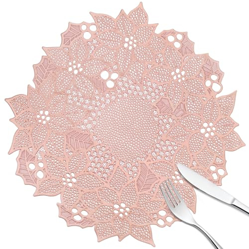 fanquare Tovaglietta Rotonda PVC Oro Rosa con Intaglio a Fiore 6 pezzi,38cm Tovagliette da Tavola Eleganti Lavabili Impermeabili Antiscivolo per Cucina Sala da Pranzo
