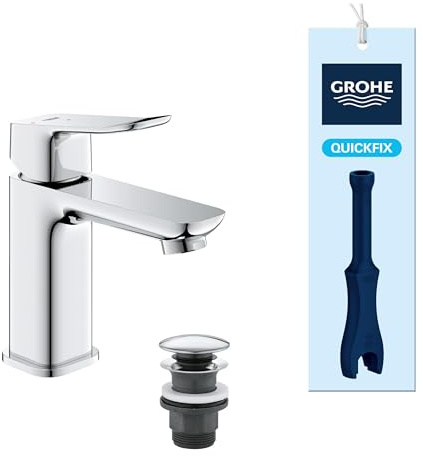 GROHE Dice, energiesparende Waschtischarmatur 3,5l/min, Kaltwasser in Mittelstellung (Wasserhahn für das Bad, 15cm hoch, Push-Open Ablauf, 3in1 Werkzeug, einfache Installation), chrom, 1018600000