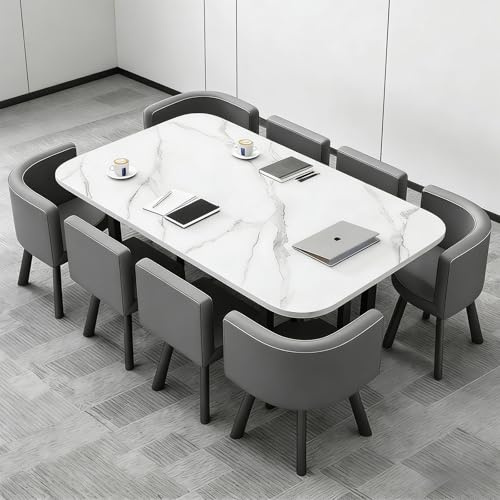 VTELGT Großer Konferenztisch Inklusive 8 Stühle Moderner Besprechungstisch Metallrahmen für 8–12 Personen, industrieller Seminartisch für Büro, Esszimmer, 180x90cm (L x B),Weiß