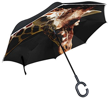 Mnsruu Doppelschichtiger umgekehrter Regenschirm, Giraffe im Dunkeln, faltbarer Regenschirm, winddicht, UV-Schutz, kopfüber für Autoregen, mit C-förmigem Griff