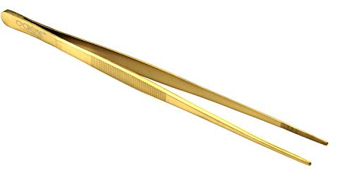 O'Creme 10 Inch Gold-Colored-Exterior Stainless Steel Precision Kitchen Tweezer Tongs with Serrated Tips for Gripping