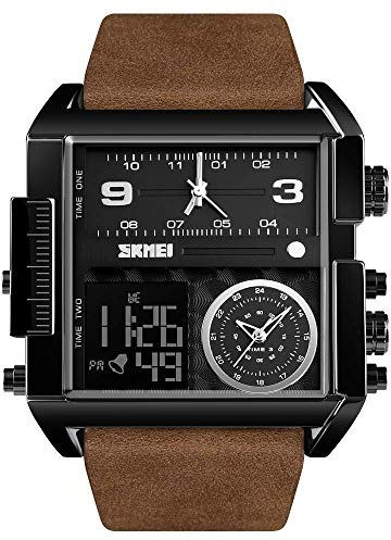 Gosasa Men's Square Large Face Digital Sports Watch, LED Analog Quartz Wrist Watch with Multi-Time Zone 50M Waterproof Stopwatch (Black Coffee Belt)