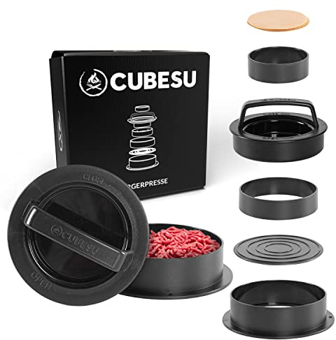 Cubesu Burgerpresse - Ringformen in 3 Größen - 75 Blatt Backpapier - hochwertige Burger Pattie Presse - Hamburgerpresse auch für gefüllte Patties