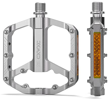 CXWXC Pedali Flat Mtb con Riflettori, Pedali bici a 3 cuscinetti,9/16 pollici, CNC alluminio, per mountain bike, bici da strada (Argento)