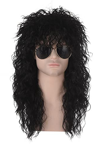 Schwarze Lange Vokuhila Mullet， ATAYOU 80er Jahre lange schwarze Punk Heavy Metal Retro Rocker Disco Perücke Halloween Cosplay Unisex (Schwarz 710)
