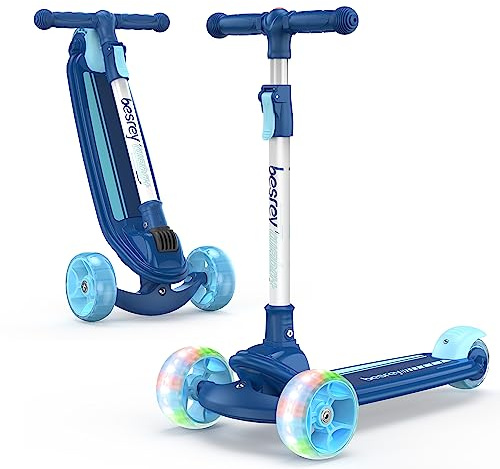 besrey Kinder-Scooter – Big Wheels Faltbarer Tretroller mit blinkenden LED-Lichtern für Jungen und Mädchen, 4 Stufen höhenverstellbarer Roller, breites Deck Scooter für Kinder im Alter von 3–8 Jahren