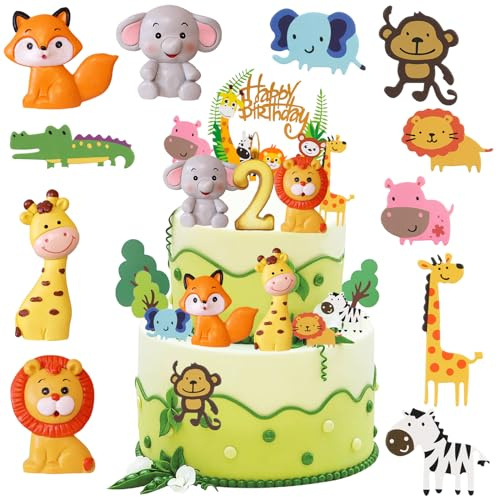16 Stück Tortendeko 2. Geburtstag, Safari Zoo Dschungel Tortendeko, Wald Tiere Happy Birthday Kuchendeko, Waldtiere Figuren Cake Topper 2. Geburtstag, Torten Deko für 2 Jahre Junge Mädchen