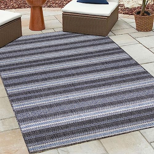 HomebyHome Outdoor Teppich Wetterfest 160x230 cm Sisal Optik Streifen Design Rechteckig Schwarz - Balkon Teppich Wasserfest Küchenteppich - Für Garten, Terasse, Camping, Außenbereich Teppich