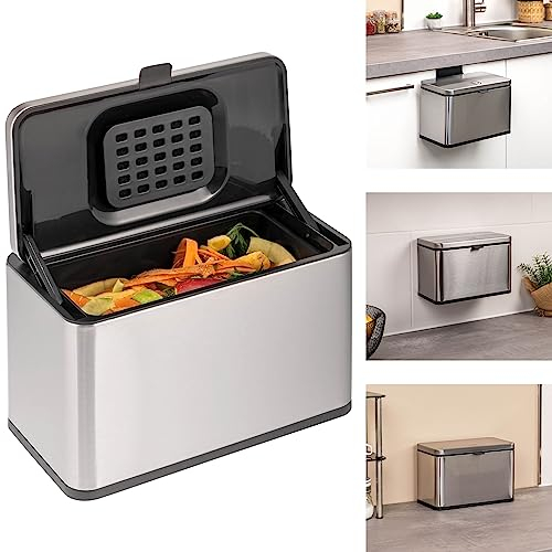 eluno Biomülleimer 3L mit Geruchsfilter, zum Hängen, Stellen oder Kleben, Komposteimer, 3 Montagearten (Metallisch)