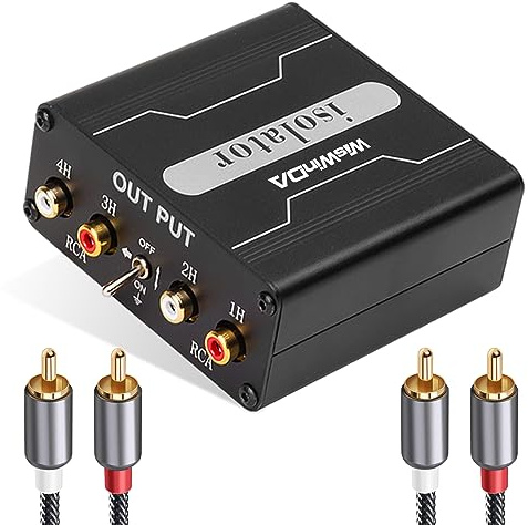 WisWinDa 4 Channels RCA Ground Loop Noise Isolator(No Reduce Bass)Gold Coating Audio Hum Eliminator Speaker Noise Filter Aluminum Shell for HIFI Stereo Car Audio Player Home Theater Plug&Play (Black)
