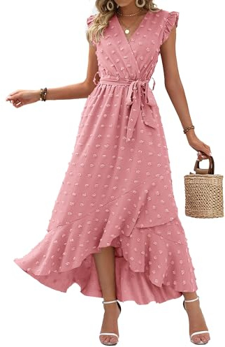 BTFBM Boho Dresses for Women 2026 Summer Fashion Cap Sleeve Swiss Dot Flowy Ruffle Beach Wedding Cocktail Maxi Dress(Light Pink, Large)