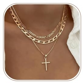 Pancert Cross Necklace for Women,Stackable Stacked Stacking Layering Layered Necklaces Dainty Gold Necklace Paperclip Box Flat Mariner Chain Necklace Cross Pendant CZ Diamond Simple Jewelry Gift