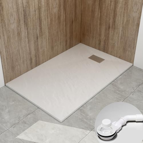 WITEN&NOCK SMC Duschwanne 140x90cm weiß Höhe 3,2cm inkl. Ø90mm Siphon | SMC Duschtasse extra flache Steinoptik Antirutsch inkl. Edelstahl Abdeckung, zuschneidbar