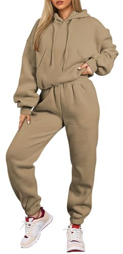 Herseas 2-teiliges Fleece-Outfit für Damen, langärmelig, bauchfrei, Kapuzen-Sweatshirt mit Jogginghose, Trainingsanzug, Lounge-Set, Beige, Small