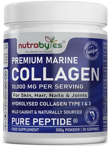 Marine Collagen Powder 10000mg | Hydrolysed Collagen Peptides Type 1 & 3 with 19 Amino Acids for Skin, Hair, Nails & Joints | Unflavoured | Collagen Supplement for Women & Men | 30 Day Supply (300g)