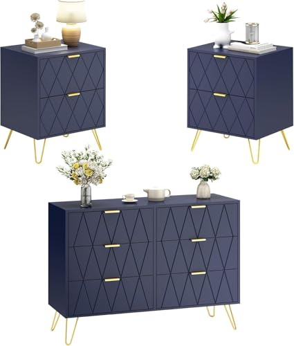 UEV 3er-Set Schlafzimmer Möbel, Kommode mit 6 Schubladen + 2 Nachtisch Blau | Schlafzimmer Komplett-Set mit Metall-Griffe &-Beine, Kommode modern für Wohnzimmer Schlafzimmer Flur