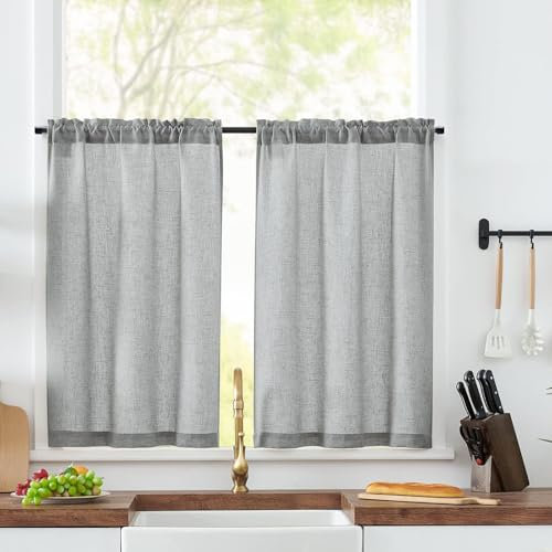 thirei Tende a Pannello, Confezione da 2 Tende da Bistrò, 60 x 45 cm (L x A), Tenda Corta, Tenda da Cucina, per Bagno, Decorazione per Finestre Piccole, Grigio