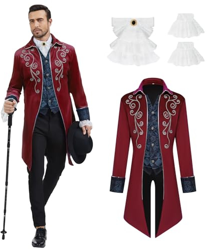 rumnigh Giacca a coda medievale da uomo in stile Steampunk, giacca medievale gotica in velluto con ricami, uniforme vittoriana in stile frock per feste a tema Steampunk e danze, Halloween (Rosso, M)
