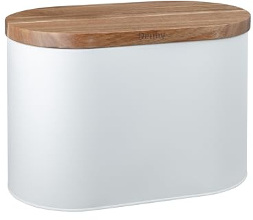 Denby - Bread Bin with Acacia Wood Lid in White - Kitchen, Pantry Organizer & Essential - Easy to Open Lid - Contemporary Matte Finish - Stylish, Durable Design