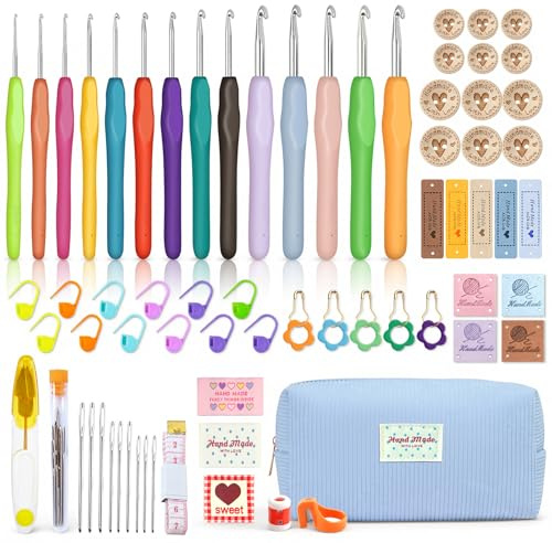 73 Stück Häkelnadel Set 14 Größe Häkelnadeln, Heckel Set Häkeln für Anfänger Set Häkelset für Anfänger, Bunte Ergonomische Soft Gummi mit Handmade Label Holzknöpfe Tragbaren Tasche Häkelzubehör