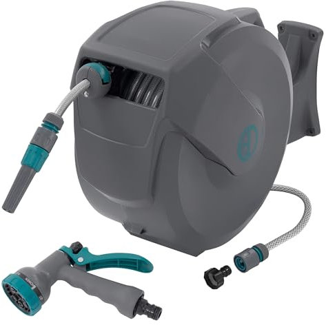 ECD Germany Avvolgitubo da 30 m+2 m Portagomma a Parete RollUp con Arresto di Sicurezza e 9 Funzioni di Spruzzo Orientabile a 180° Avvolgitore Automatico da Giardino per Montaggio a Muro