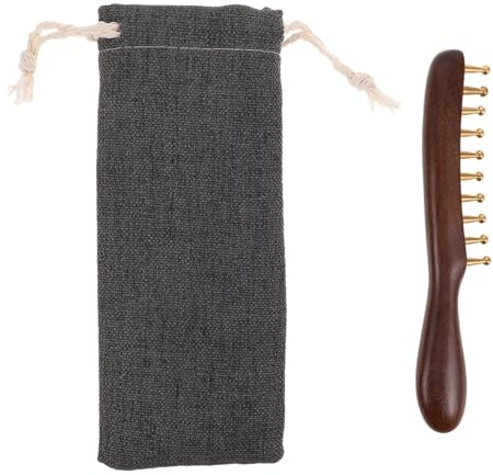 Ipetboom Cepillo de masaje de cuero cabelludo de madera hecho a mano con dientes de sándalo y cobre, peine de dientes anchos para desenredar el cabello, herramienta de raspado Gua Sha con bolsa de