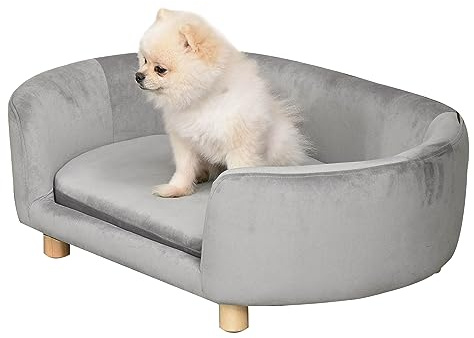 PawHut Sofá para Perros Pequeños, Cama para Perros Elevada con Patas de Madera, Cojín Desmontable y Funda Lavable, Carga 10 kg, 86x55x33 cm, Gris Claro