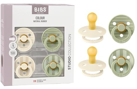 BIBS Colour Studio Schnuller 4er-Pack, BPA-frei, Kirschform Nippel. Naturkautschuk/Latex, Hergestellt in Dänemark, Größe 1 (0-6 Monate), Ivory/Sage