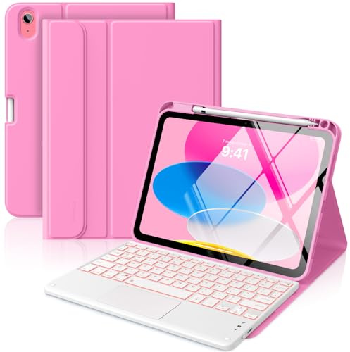MoKo Funda con Teclado Táctil para iPad (A16) 11.ª Gen 11 2025, iPad 10.ª Gen 10,9 Funda con Portalápices, Teclado Bluetooth Desmontable con Panel Táctil Retroiluminado en 7 Colores, Rosa peonia