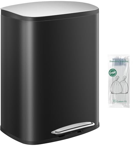 Hzuaneri Mülleimer Küche, 50 Liter Abfalleimer mit Tretpedal, Tretmülleimer mit Softclose-Deckel und Inneneimer, Küchenmülleimer mit 15 Müllbeuteln, Stahl, Schwarz SW15099B
