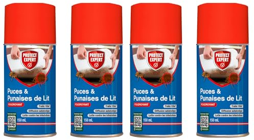 PROTECT EXPERT 4 Aérosols Anti-Punaises de Lit & Puces - 4x150ml | Foudroyant - Diffusion Automatique - Traite 100m³ - Efficace Contre Les Infestations - PUPA150NX4