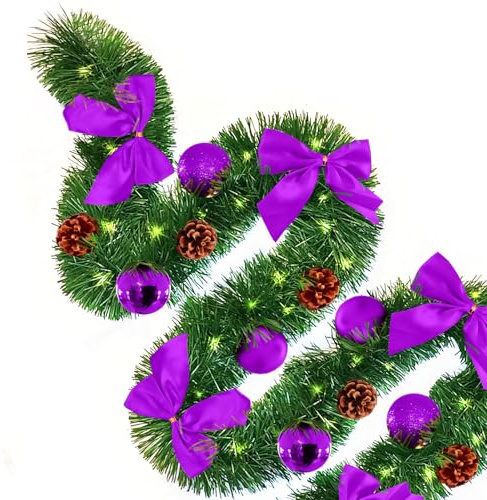 Baunsal® Weihnachtsgirlande Tannengirlande Girlande grün 5 m (TIN) mit lila Deko und Led Lichterkette mit Batteriebox und Fernbedienung Girlande Weihnachten Weihnachtsdeko Tannengirlanden