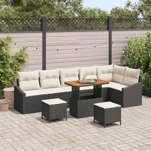 Bucmath Garten Loungesofa Set, 9-teilig, Schwarz Poly Rattan, Modular, Verstellbarer Tisch, für Terrasse & Balkon, Langlebig