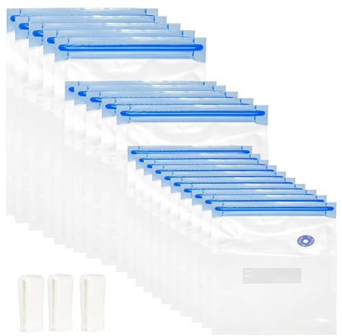 Yosugar 20pcs Reusable Vacuum Seal Bags Set with 3 Sealing Clips,Food Vacuum Sealer Bags for Sous Vide, Food Storage & Vac Pack Bags in 3 Sizes 21x22cm, 26x28cm, 26x34cmfor Vacuum Sealer Machine