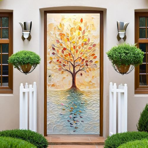 Gold Türtapete Selbstklebend 77x200 cm Lebensbaum-Relief Türaufkleber Türfolie Türposter Vinyl Aufkleber, für Schlafzimmer Badezimmer Küche Büro Abnehmbare Türdekoration