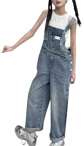 Salopette in denim a gamba larga per ragazze Adolescenti Baggy Jeans Salopette Y2K Hip Hop Tute senza maniche Cinturino Vintage Trendy Cool Washed Bretelle Pantaloni