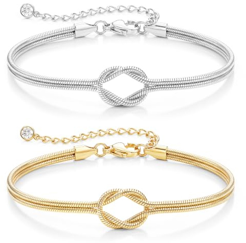 FIOROYAL 2 Piezas Pulsera Mujer Plata Oro con Nudo del Amor Pulseras para Parejas Pulseras de La Amistad Cadena Serpentina Ajustable Regalo Cumpleaños Mujer Hombre Regalo Pareja Amiga G