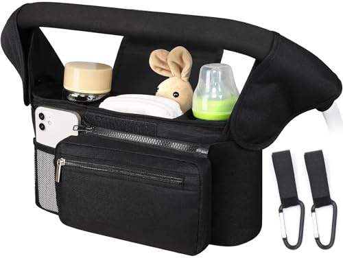 Baby Pushchair Organiser,Baby Pram Bag Stroller,2 Insulated Cup Holder, Large Capacity, Detachable Zippered Pocket, Adjustable Shoulder Strap & Non-Slip Hooks - Fits Any Pram Handlebar