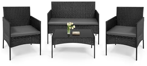 WOLTU Gartenmöbel 4-teilig Set Lounge-Möbel Outdoor, Schwarz | Terrassenmöbel Wetterfest, 1 Sofa, 2 Sessel, 1 Couchtisch,Kissen 2-Sitzer-Bank,Glas Gartentisch,Garten, Terrassen, Balkon