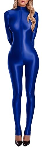 FEOYA Body brillant pour femme - Effet mouillé - Avec fermeture éclair - Manches longues - Col roulé - Combinaison de yoga - Costume de club de nuit