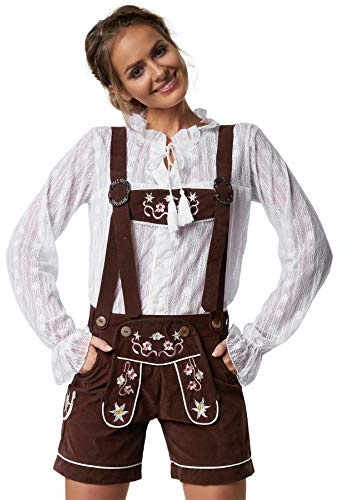 dressforfun 900801 Damläder tysk lederhose med hängslen, färgglatt broderi, brun - olika storlekar (M| Nr. 302806)