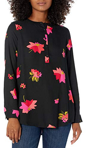 Amazon Essentials Camicetta in Tessuto a Maniche Lunghe Donna, Nero Rosa Floreale, XXL